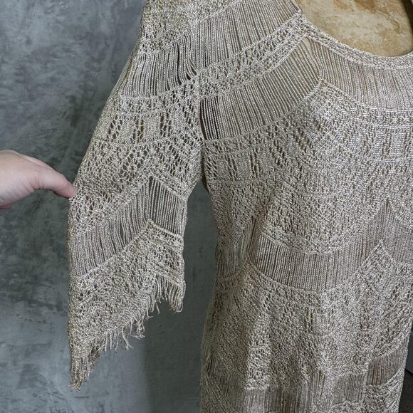 Neiman Marcus Top Womens Small Gold Metallic Fringe Crochet Knit Scallop Hem Vtg - Picture 4 of 11